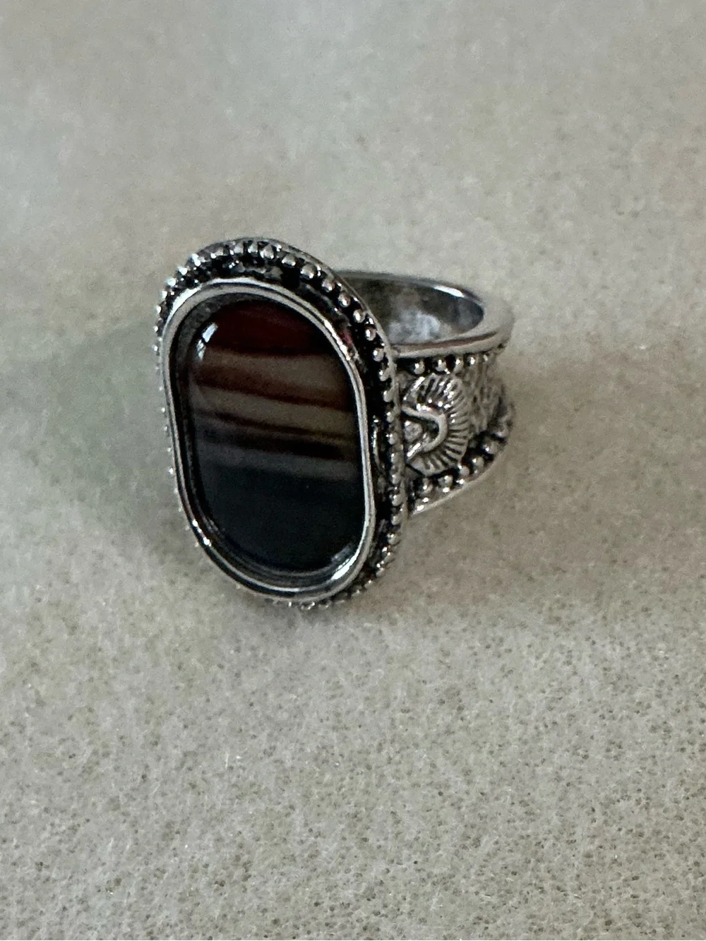 Vintage-Style Silver Ring with Striped Agate Stone, size 9